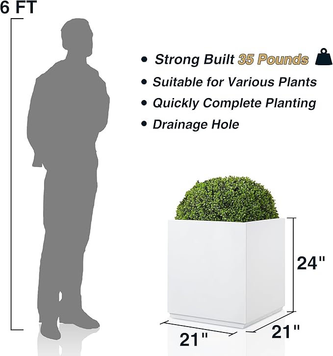 Wallowa Metallic Heavy Planter Box for Outdoor or Indoor, No Assemble and Seamless, Large Square Planter, Cube Planter for Tall Trees, Plants, Flowers 21Lx21Wx24H 35Pounds White