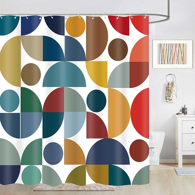 Colorful Mid Century Modern Shower Curtain Vintage Rainbow Boho Abstract Geometric Art Bathroom Curtain Decor 72x72 Inch Washable Fabric Retro Bright Cute Circle Patterned Bath Curtain with 12 Hooks