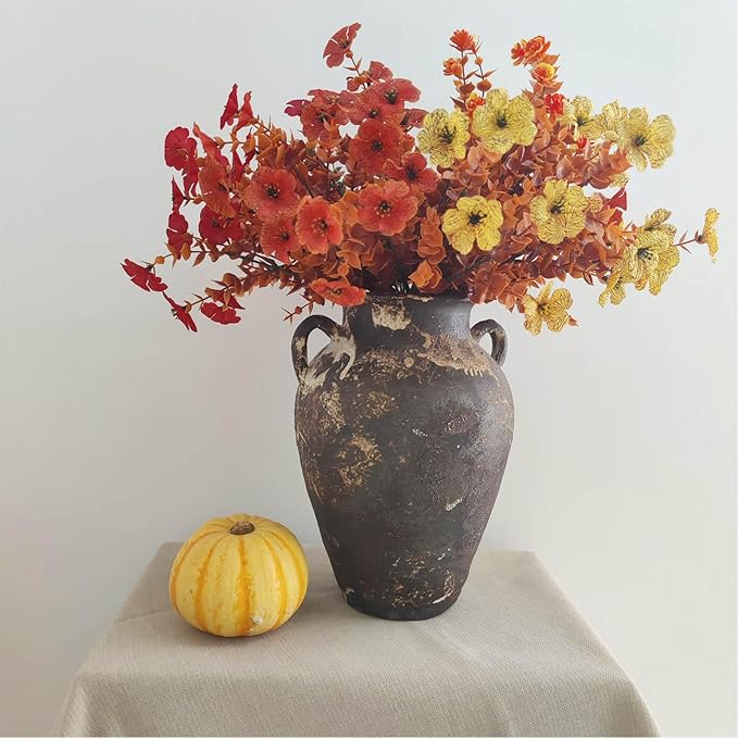 Black Pottery Vase - 10" Rustic Farmhouse vase, Vintage Weathered Terracotta Vases, Handmade Clay vases with Two Handles, Tall Textured Antique Vase for Home Decor, Entryway, Fireplace Mantel Decor