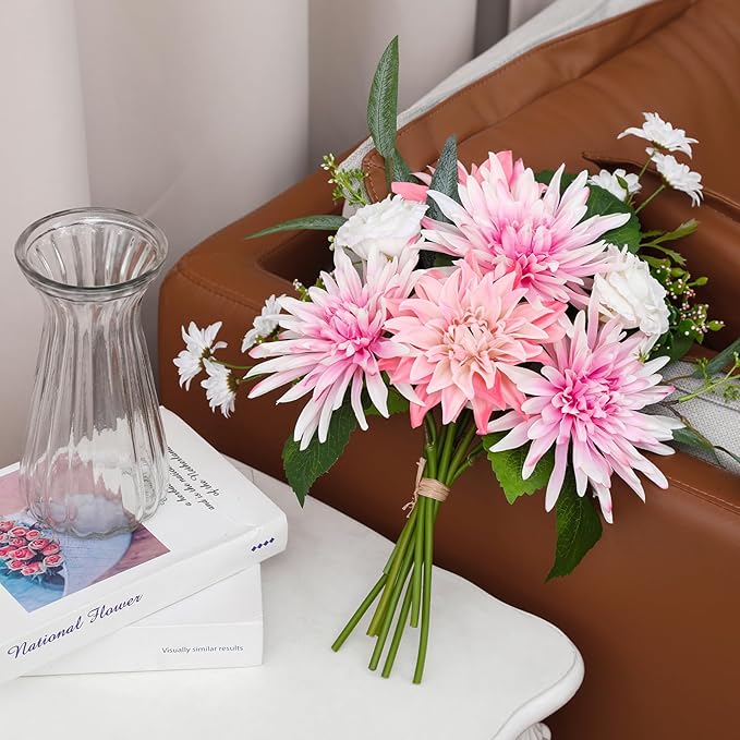 Artificial Flowers with Vase – Faux Silk Dahlia & White Roses Floral Arrangement, Elegant Fake Flower Bouquet for Wedding, Home Décor, Dining Table Centerpiece, Office, Farmhouse Decoration