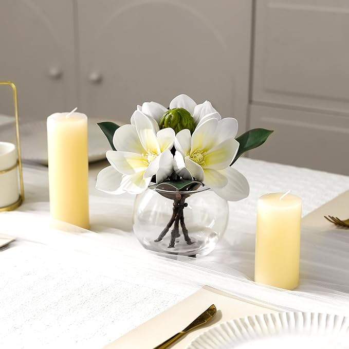 Artificial White Magnolia Flowers in Glass Vase with Faux Water, Real Touch Silk Magnolia Floral Arrangement, Fake Magnolia Centerpiece for Home Dining Table Office Bathroom Shelf Decoration