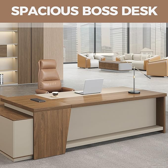 Modern L Shape Executive Desk with Drawers and Lockable Storage Cabinet, Large Executive Office Desk with Cable Management (Champagne Wood Grain+Beige/Right,79" L*63" W*30" H)