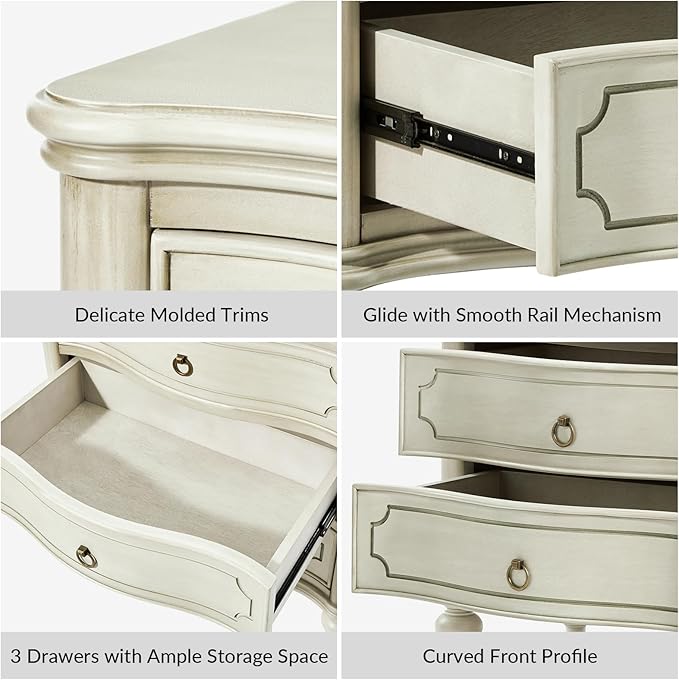 HULALA HOME Traditional Side Tables with 3 Drawers, Tall Side Table with Curved Front Profle Desgin, Charging Station, Solid Wood Legs, Set of 2, White