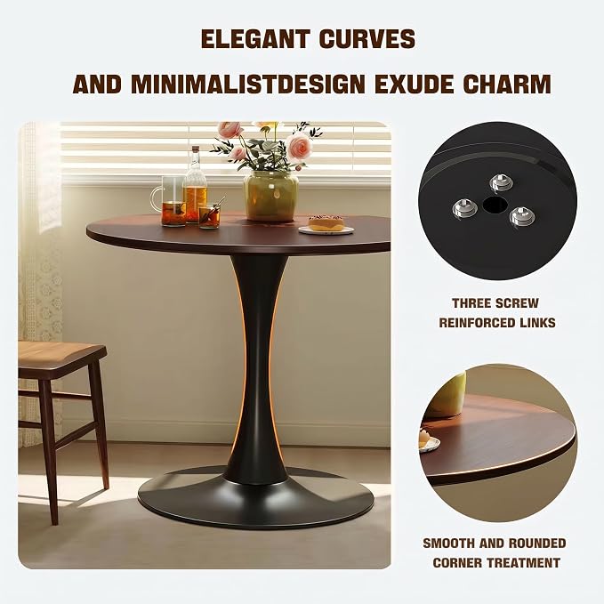 Walnut Round Dining Table, 31.5" Modern Kitchen Table with Pedestal Metal Base, Mid Century Tulip Table for Small Spaces, Apartment, Living Room, Coffee & Breakfast Nook Table, Black Base