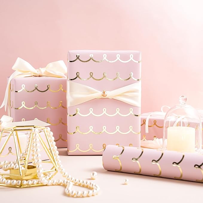 WRAPAHOLIC Pink Wrapping Paper Roll - Mini Roll - 17 Inch x 33 Feet - Metallic Foil Chic Classic Pink and Gold Wedding Wrapping Paper for Birthday, Wedding, Baby Shower, Valentine's Day