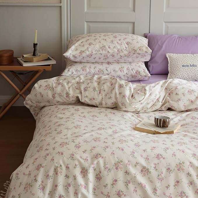 LifeTB Pink Floral Duvet Cover Set Full Soft Cotton Cute Pink Flower Duvet Cover with 2 Pillowcases Garden Floral Girls Cottagecore Bedding Set Flower Botanical Vintage Country Comforter Cover Full