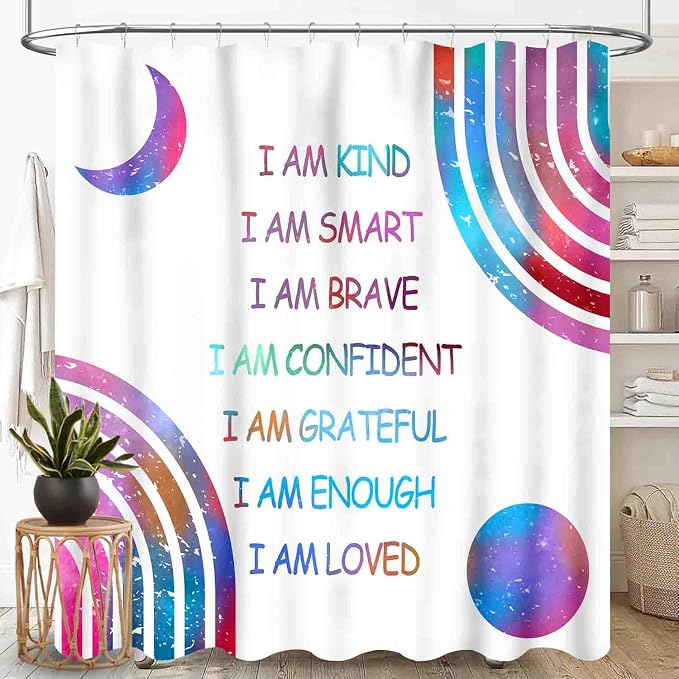 Rainbow Shower Curtain for Girls Bathroom, Boho Rianbow Quotes Inspirational Motivational Positive Colorful Pastel Green for Baby Kids Waterproof Fabric Shower Curtain Set with Hooks, 72"x84" Inch