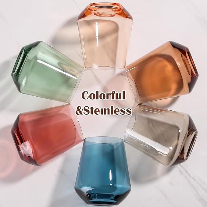 Color Stemless Wine Glass Set of 6-17oz Wine Glasses, Stemless Drinking Glasses for Wine, Cocktails & Beverages - Elegant Glassware for Home, Bar & Holiday Use