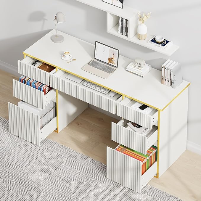 58 Inch White Desk with 7 Drawers, White and Gold Computer Desk with File Drawers for Bedroom, Home Office Desk for Study, Living Room
