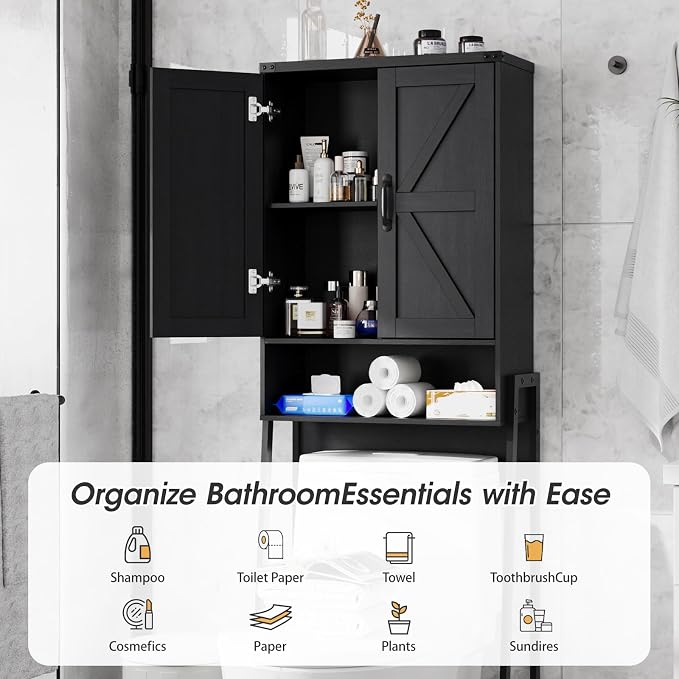 Vabches Over The Toilet Storage Cabinet with 2-Door Design Bathroom Organizers and Storage with Anti-Tip Device Over Toilet Organizer with Shelves for Bathroom,Restroom,Laundry Black