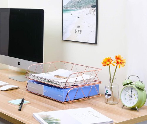 PAG Desktop File Organizer - Metal Stackable Horizontal Letter Tray - Rose Gold, 2 Packs