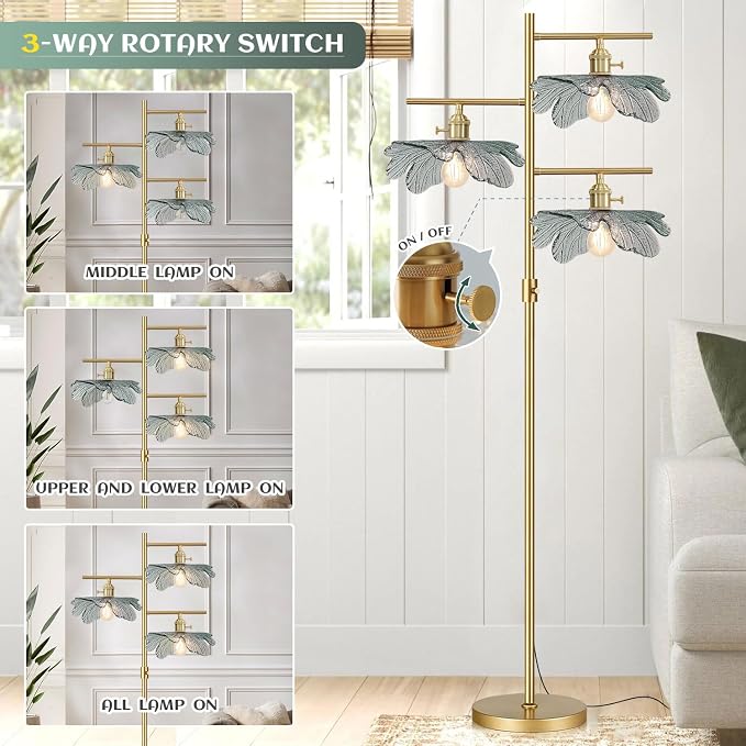65" Dimmable Gold Floor Lamp, 3-Light Antique Brass Tree Standing Lamp with Dark Green Flower Glass Shade, Rustic Tall Floor Light for Bedroom Corner Living Room Study Office