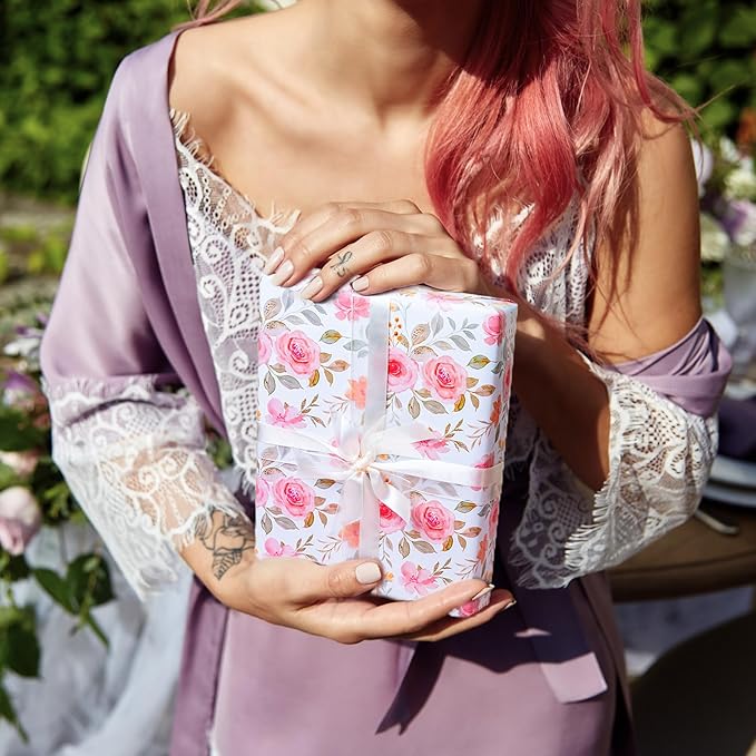 Yarcony Pink Floral Wrapping Paper Roll, Reversible Wedding Wrapping Paper, Watercolor Rose Print Flower Gift Wrap for Birthday, Valentine's Day,Mother's Day,Birdal Shower,Engagement(17Inch x 16.5Ft)