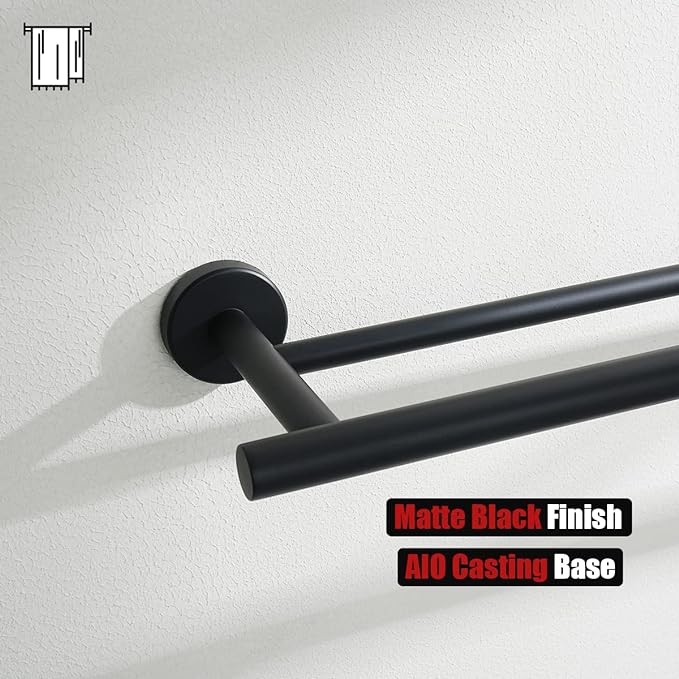 JQK Black Double Towel Bar, 20.5 Inch 304 Stainless Steel Thicken 0.8mm Towel Rack Bathroom, Towel Holder Matte Black Wall Mount, Useable Length 18 Inch 2 Pack, TB100L18-PB-P2