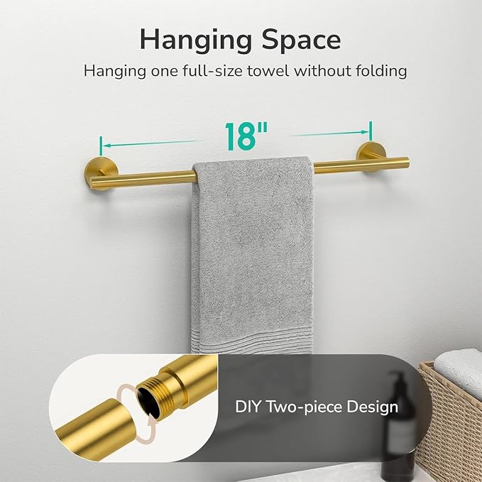USHOWER Brushed Gold Towel Bar, 18-Inch Towel Racks for Bathroom Wall-Mounted, Thicken SUS304 Stainless Steel Towel Rod (Total Length 20-Inch)
