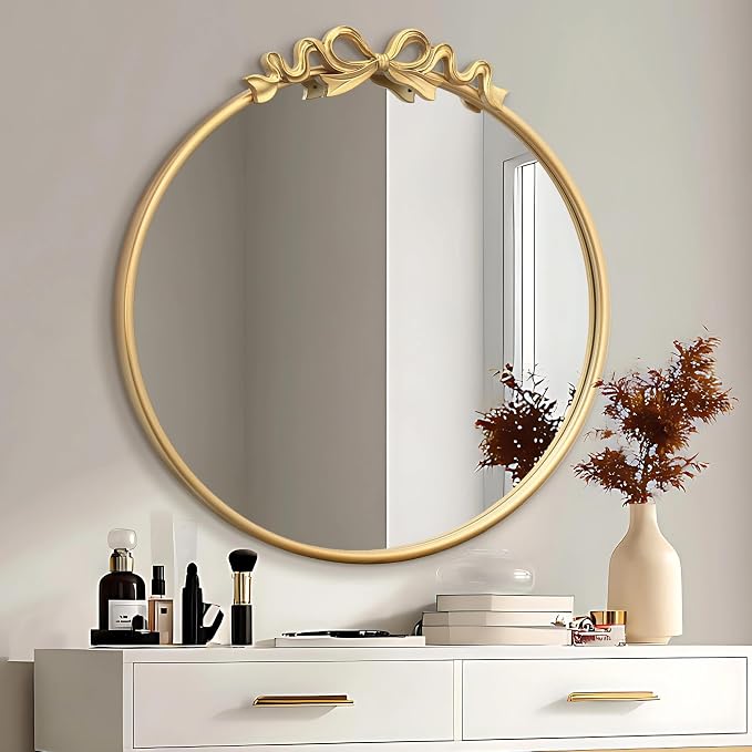 Besdomus Vintage Gold Mirror: 27" Bow Round Wall Mounted Mirror - Baroque Traditional Ornate Metal Framed for Entryway/Fireplace/Bathroom/Hallway - Home Decor for Fashion-Conscious