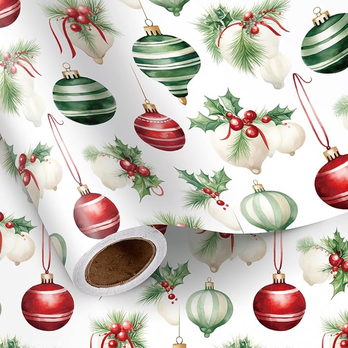 LeZakaa Christmas Wrapping Paper Roll – 17 in x 16.4 ft Gift Wrap with Red & Green Ornaments, Holly & Bells Holiday Design for Christmas Presents & Party Gifts