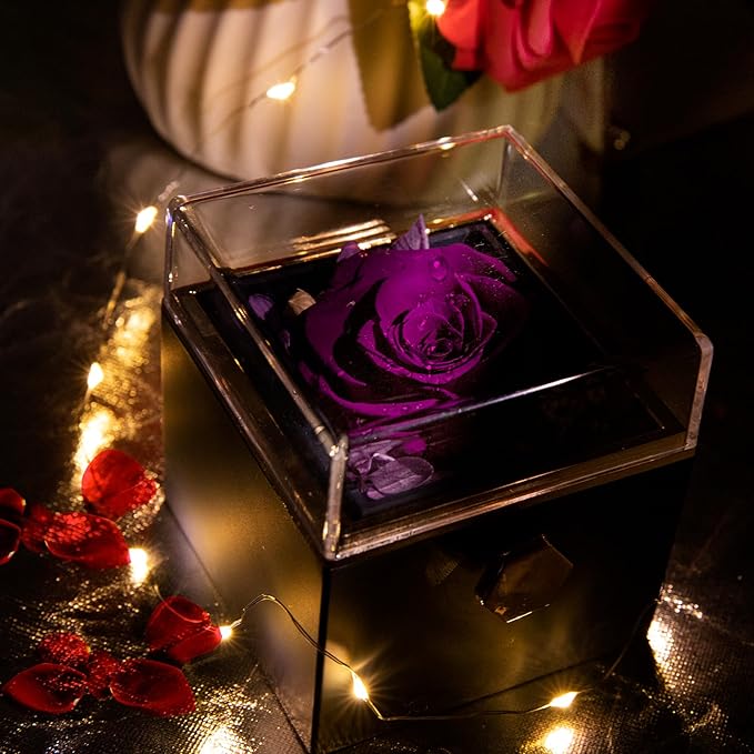 Preserved Real Purple Forever Rose Rotating Box with I Love You Necklace 100 Languages,Forever Flowers Rotating Jewelry Box Gifts for Women Mom Wife Girlfriend,Mothers Day Birthday Anniversary