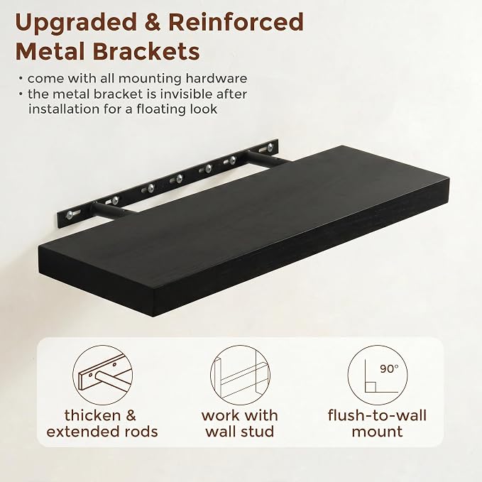 fuqing Black Floating Shelves | 24 Inch Wood Floating Shelves for Wall Set of 2 | 24" W x 6.7" D x 1.4" H Rustic Black Wooden Shelves for Bathroom Living Room Bedroom Kitchen