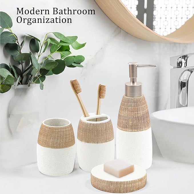 CERBIOR Bathroom Accessories Set,4 Pcs Ceramic Bathroom Decor Accessory,Includes Toothbrush Holder, Toothbrush Cup, Soap Dish for Decorative Countertop and Housewarming Gift, (Brown White)