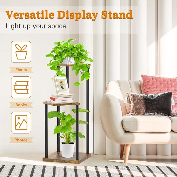 Oppro 3 Tier Corner Plant Stand Indoor, Metal Wood Flower Pot Holder Shelf, Multiple Display Rack Square Table for Living Room Bedroom Orchid Outdoor Balcony Garden Patio, Modern Black & Rustic Brown