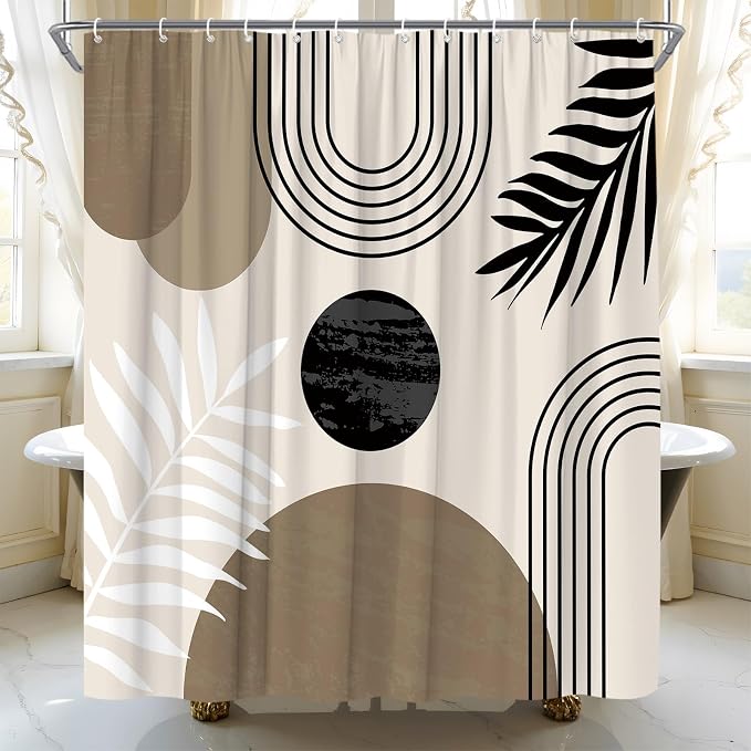 Mid Century Modern Shower Curtain Boho Brown Abstract Retro Aesthetic Fabric for Bathroom Decor Bathtub with Hooks (70" WX78 H)