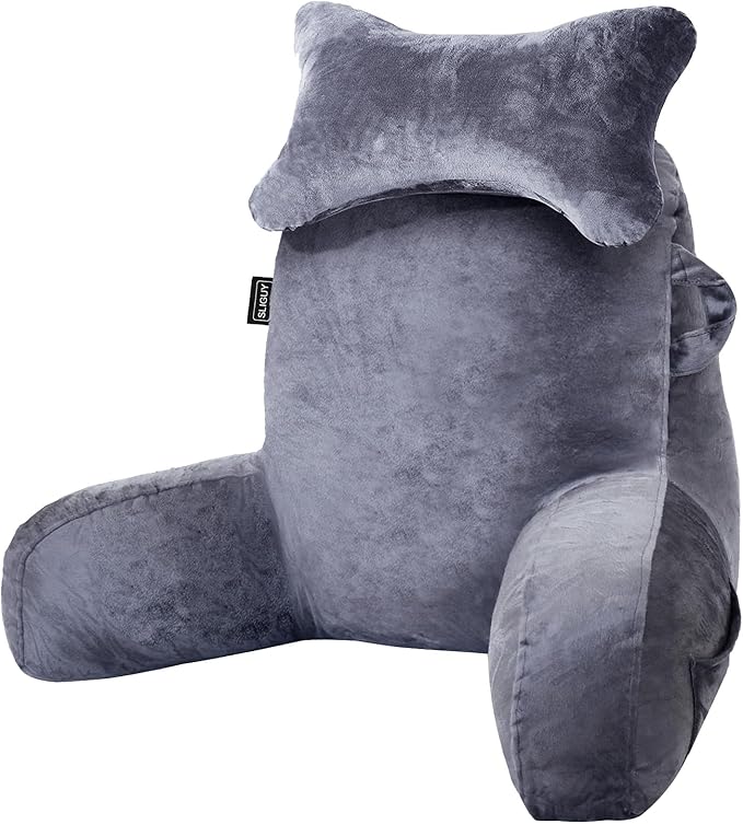 SLIGUY Reading Pillow for Sitting in Bed Couch Adult, Back Pillow with arm Support and Pockets, Adult Back Pillow Bed Chair for Bed Rest, Reading, Watching TV, Gaming for Boys and Girls Dark Grey