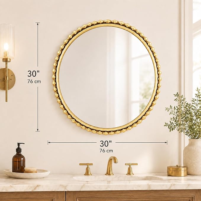 30 Inch Round Gold Bathroom Mirror – Antique Gold Beaded Frame, Large Vintage Decorative Wall Mounted Mirror for Vanity, Bedroom, Living Room, Entryway, 30" Round Gold Accent Mirror