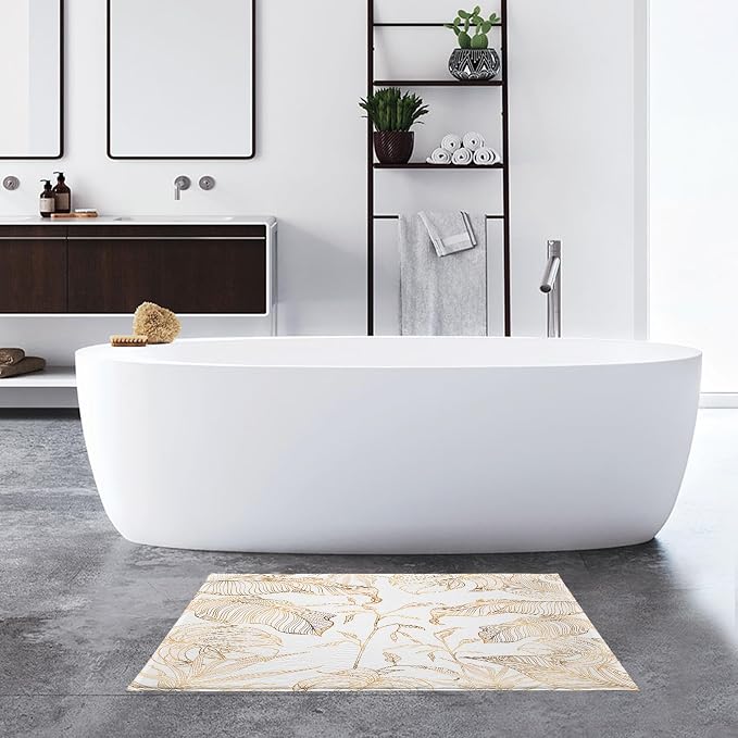 LB Gold Palm Leaf Bath Mat for Bathroom- Abstract Banana Leaves White Non Slip Doormat- Luxury Aesthetic Modern Absorbent Memory Foam Living Room Bedroom Door Front Floor Area Rugs,31.5x19.6 Inch