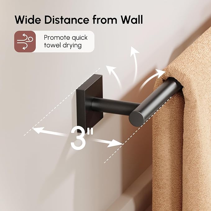 USHOWER Matte Black Towel Bar, 24 Inch Towel Racks for Bathroom Wall Mounted, 304 Stainless Steel Towel Holder with Square Base, Modern Home Decor (Total Length 26 Inch)