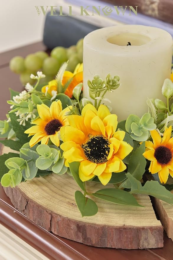 WELL KNOWN 2 Pcs Mini Spring Floral Candle Rings Wreaths for Pillars Home Table Window Decor, 9 Inches Artificial Flower Cabinet Wreath for Kitchen Farmhouse Wedding Party (Yellow Sunflower)