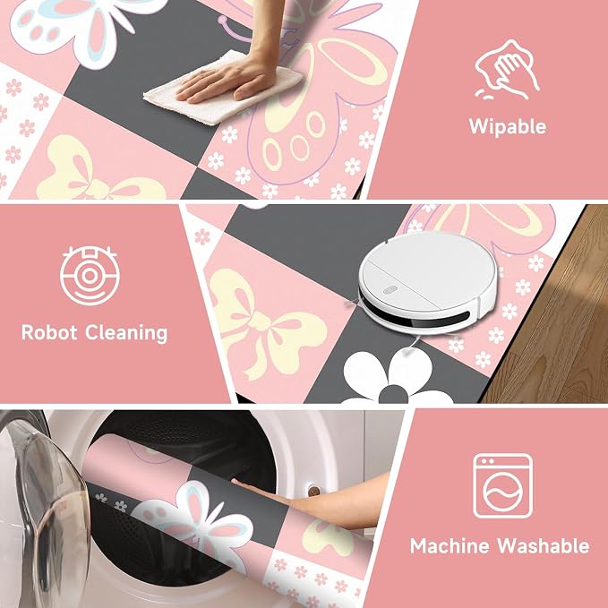 5'x7' Butterfly Area Rug Pink Butterfly Checkered Rugs for Bedroom Living Room Nursery Kitchen Playroom Home Decor Cute Flower Carpet Washable Non Slip Floor Mat