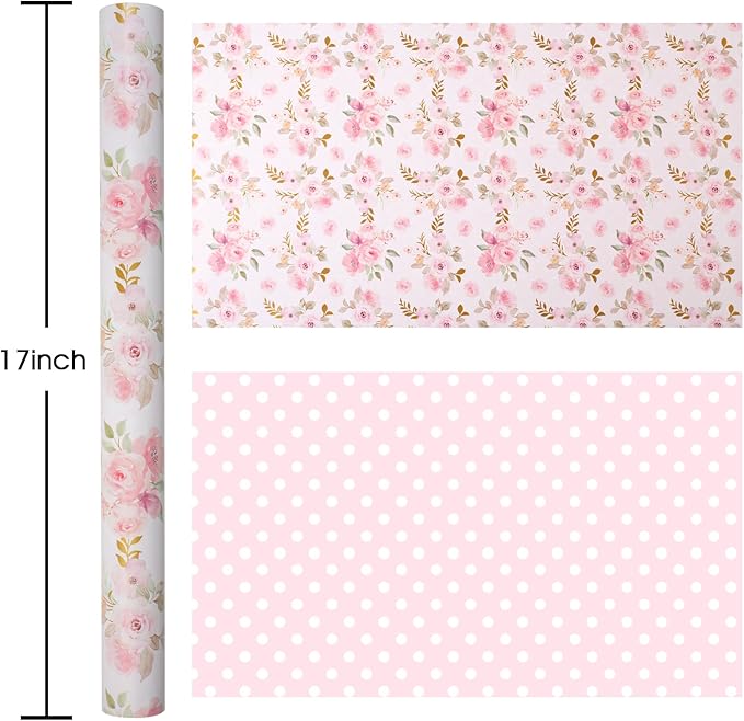 Burymento Pink Flower Wrapping Paper, Reversible Pink Wave Point Gift Wrap for Birthday, Valentines, Mothers day, Graduation, Wedding, Fathers day, Baby Shower, Christmas (17in x 32.8ft)