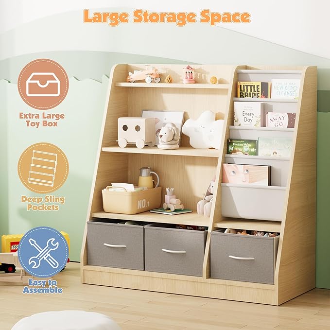 NACHES Kids Bookshelf and Toy Storage Organizer, Montessori Nursery Book Shelves with Sling Rack & Fabric Toy Bins, Children Toddler Baby Bookcase, Wooden Toy Shelf for Kids Room, Playroom, Burlywood