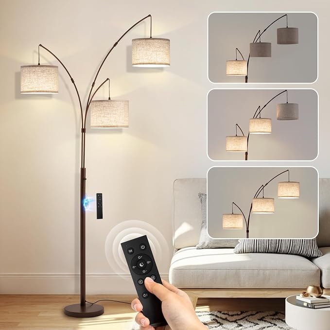 Netin 3 Light Arc Floor Lamps for Living Room, Dimmable Floor Lamp with Remote Control, Modern 80" Tall Standing Lamp, 3 Color Temperature, Mid Century Tree Floor Lamp for Bedroom, Office (Brown)