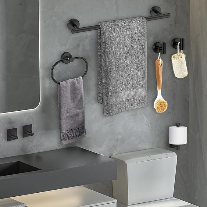 Black Bathroom Accessories Set, 7 Pieces Black Towel Bar Bathroom Hardware Set, 31.5 Inch Towel Racks for Bathroom, SUS304 Stainless Steel Bathroom Towel Holder Toilet Paper Holder Wall Mounted