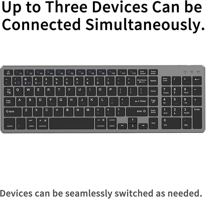 JKSML Wireless Keyboard with 102 Keys, Bluetooth and 2.4 GHz Wireless, Low Profile, Number Pad, Fluid Quiet Typing, 12 Programmable Keys, USB C Rechargeable, for Phone, Tablet, PC, Laptop, TV - Black