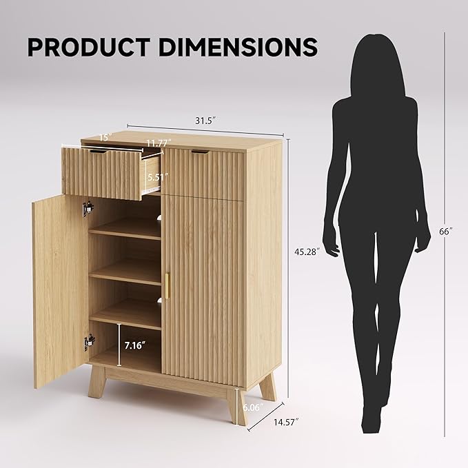 BOXACTION Fluted Shoe Cabinet, 4-Tier Mid Century Modern Narrow Shoe Storage Cabinet with Doors & 2 Drawers, Adjustable Shelves, Freestanding Hidden Shoe Rack Organizer & Wooden Legs for Entryway