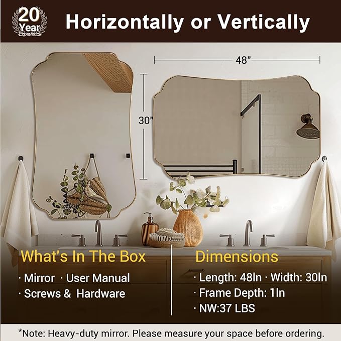 ANDY STAR 30x48 Gold Bathroom Mirror, Large Brushed Brass Scalloped Wall Mirror, Bathroom Wall Mirror with Stainless Steel Framed for Bedroom, Hallway