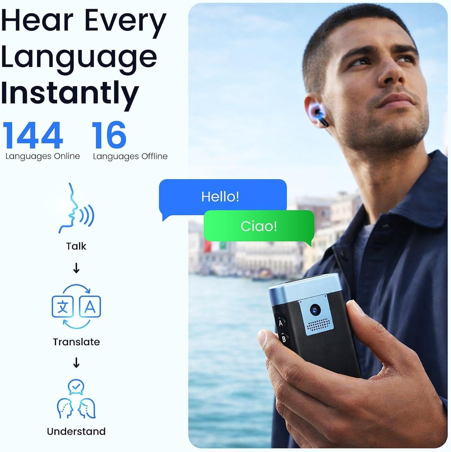 V2 AI Translator Device - Real-Time Two-Way Voice & Camera Translation | 144 Languages | Built-In ChatGPT