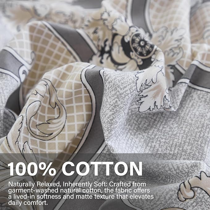 100% Natural Cotton Duvet Cover Set Queen 3 Pcs Grayish Duvet Cover with Luxurious Damask Pattern, Reversible Breathable Soft Comforter Cover Sets with Zipper Closure All Season