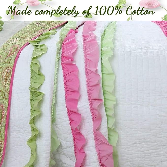 Cozy Line Home Fashionsn Chic Ruffles Pink Green Girl 100% Cotton Reversible All-Season Coverlet, Bedspread, Quilt Bedding Set (Charlotte, Queen)