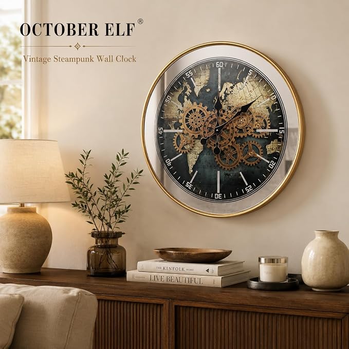 October Elf Large Moving Gear Wall Clock 23 Inch | Moving Gears/Industrial Iron Frame/Mirrored Glass/ World Map Dial/Modern /Extra Hands/ Living Room Decor/Housing Warming Gift