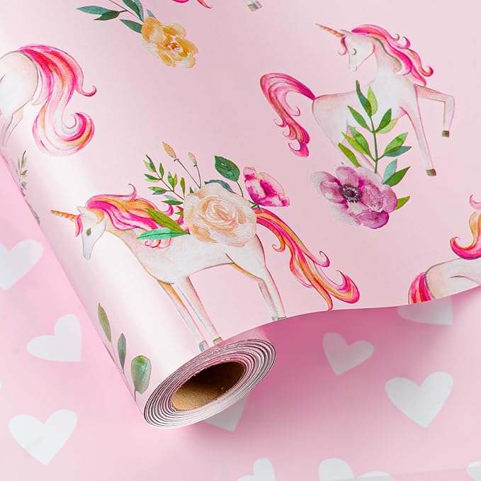 HOMERAL Pink Unicorn Wrapping Paper with Flower Designs - 17In x 33Ft (46.5sqft) Pink Unicorn Princess Gift Wrap with Hearts Reverse for Girls Birthday, Baby Shower, Valentines Day, Mothers Day, DIY Crafts