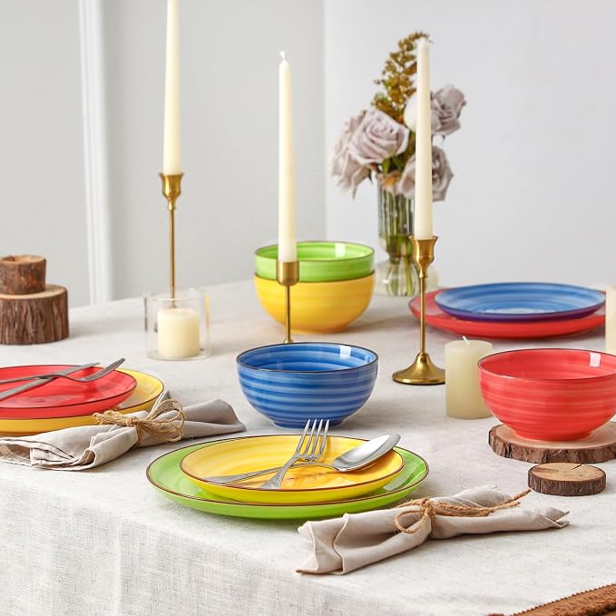 Selamica Ceramic Plates and Bowls Sets,18 Pieces Dinnerware Sets for 6,Dishwasher & Microwave Safe dish set,Family & Holiday Dining, Dopamine