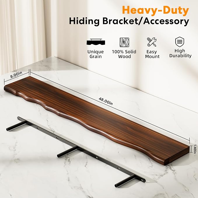 Solid Wood Live Edge Floating Shelves Set of 1 – 48" Rustic Wall Shelf with Hidden Bracket System, Wall Mounted Shelves for Bathroom, Kitchen, Living Room, Bedroom (Walnut)