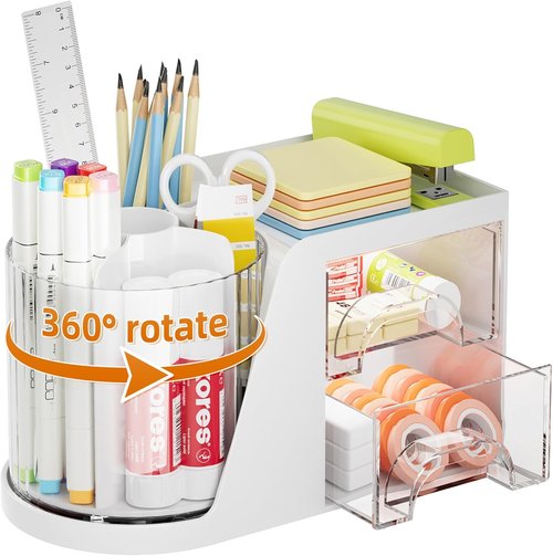 Marbrasse Desk Organizer - 360° Rotating Pen Holder & 2 Drawer Storage | White Art Supply Caddy