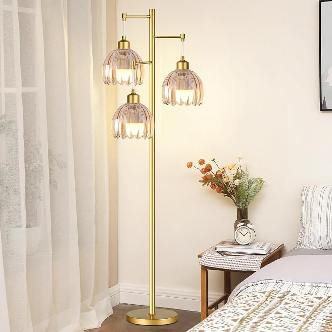 QIYIZM Gold Floor Lamp for Living Room,Bedroom,Tree 3 Light Standing Lamp Mid Century Modern Brass Tall Floor Lamps Vintage Retro Floor Lights Glass Flower Amber Lamp Shade Farmhouse Boho Bohemian
