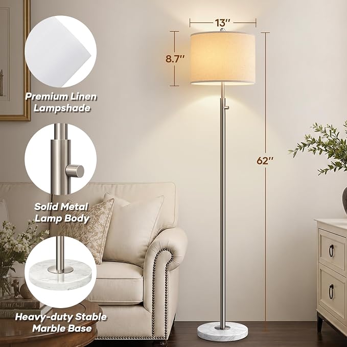 【Upgraded】 Dimmable Floor Lamp for Living Room, 11W LED Bulb Included, Modern Standing Lamp with Marble Base, Tall Pole Light with Linen Shade for Bedroom Reading Office Corner Nursery-Brushed Nickel