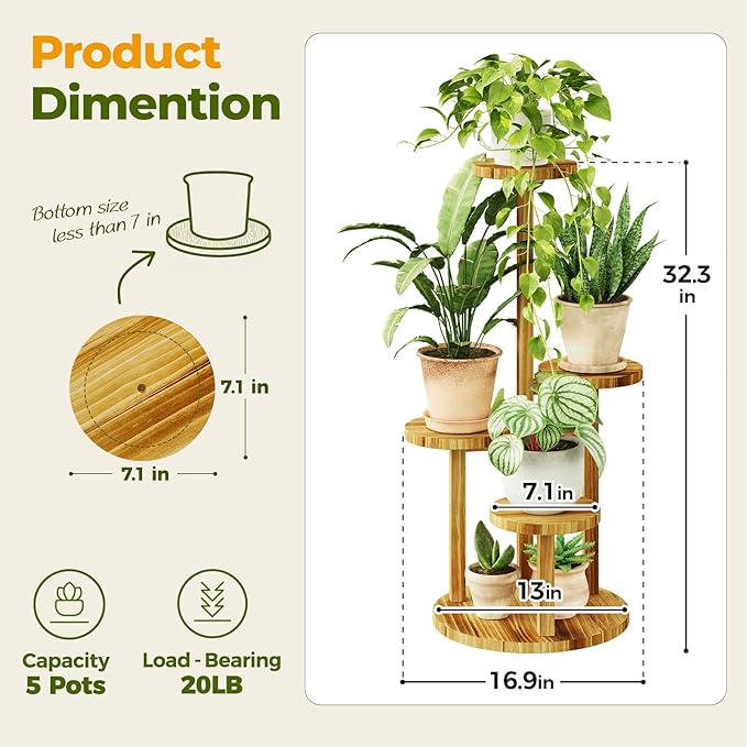 Bamworld Plant Stand Indoor Plant Shelf 4 Tier Wood Plant Stand for Multiple Plants Tall Corner Plant Stands for Outdoor Round Flower Stand Plant Holder for Living Room Patio Garden Balcony Brown